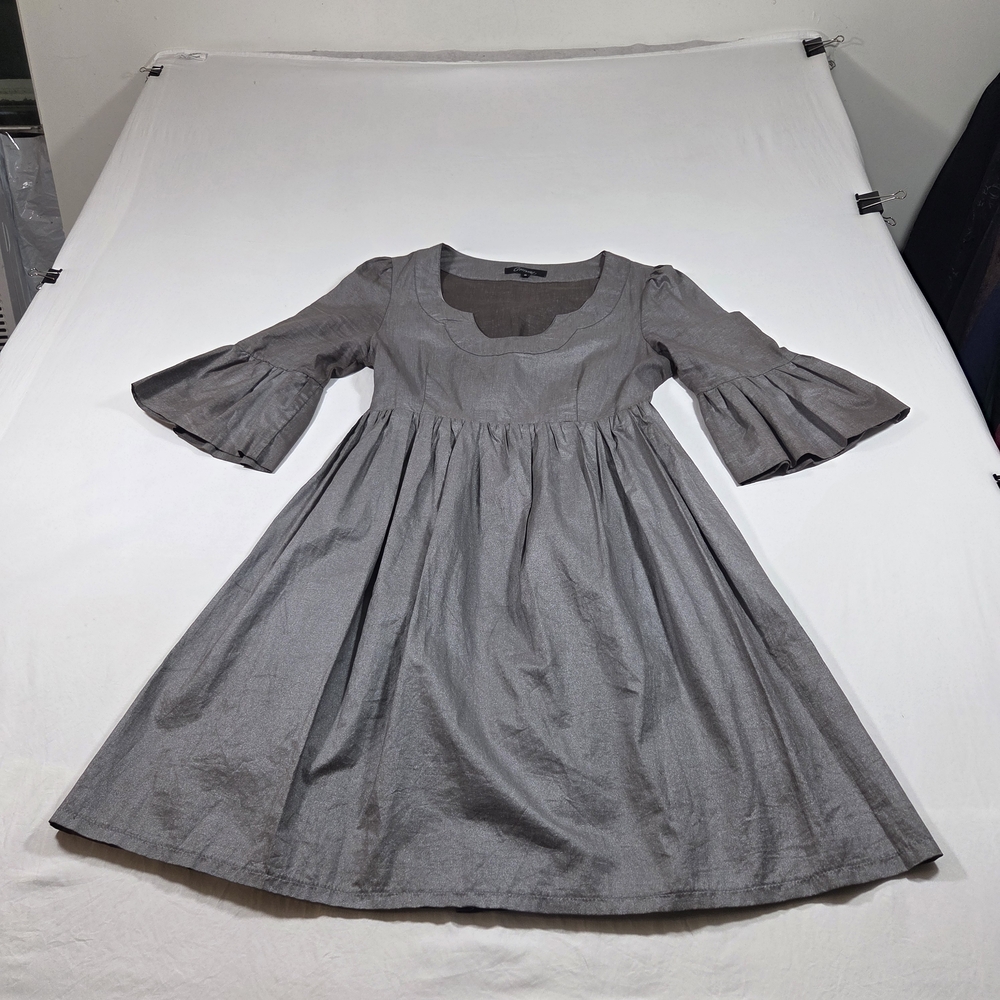 Carmen Fit Flare Mini Dress Softly Pleated Sleeves Gray Shiny Cotton Party Fall
